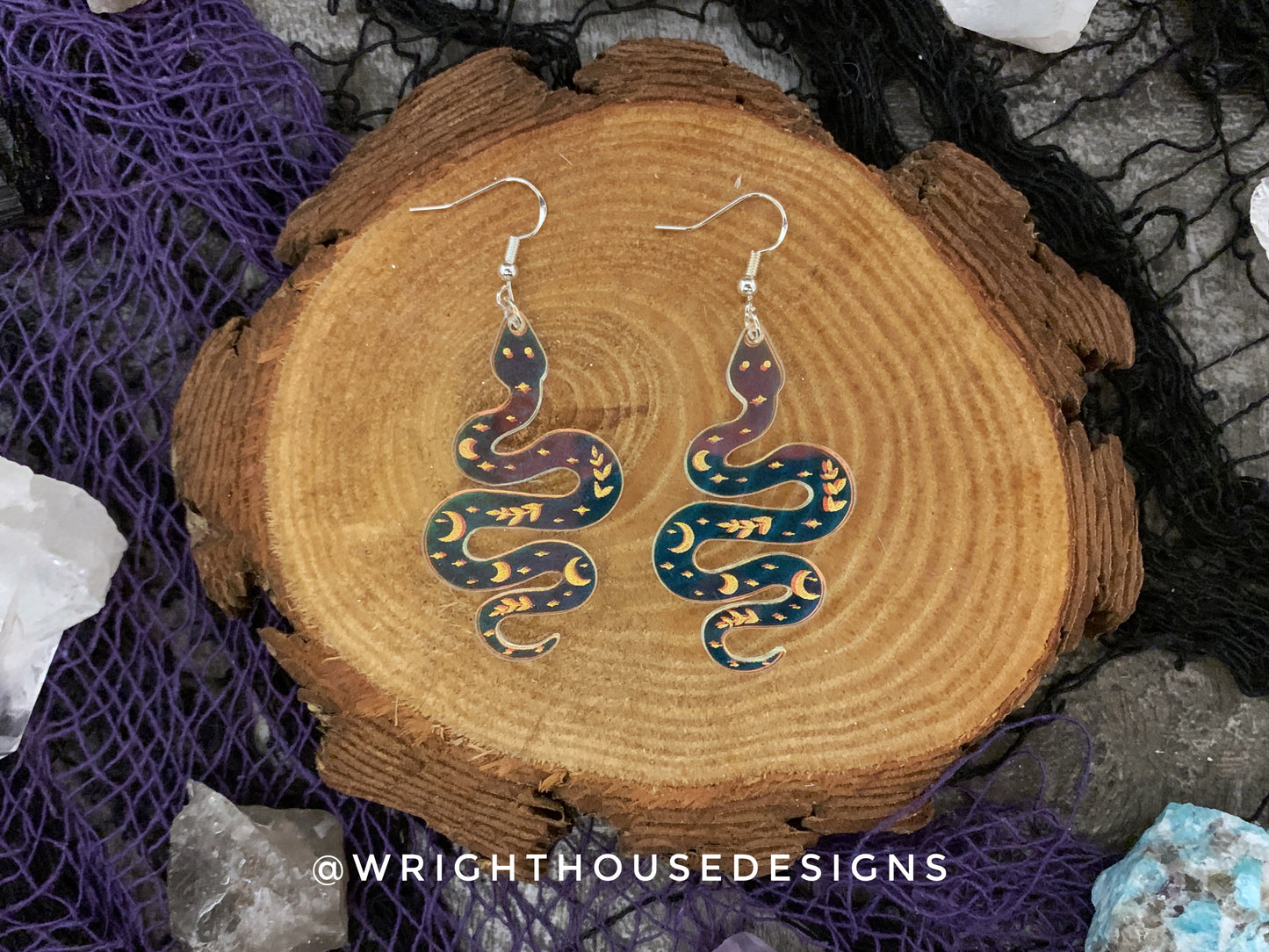 Celestial Snakes - Witchy Halloween Earrings - Engraved Iridescent  Acrylic Handmade Jewelry