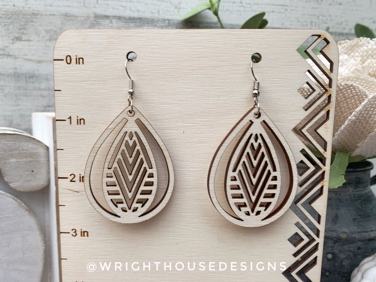 Geometric Teardrop Earrings - Style 5 - Select A Stain - Rustic Birch Wooden Handmade Jewelry