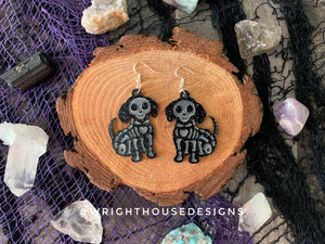 Skeleton Puppy Dogs - Halloween Earrings - Glitter Black Acrylic Handmade Jewelry
