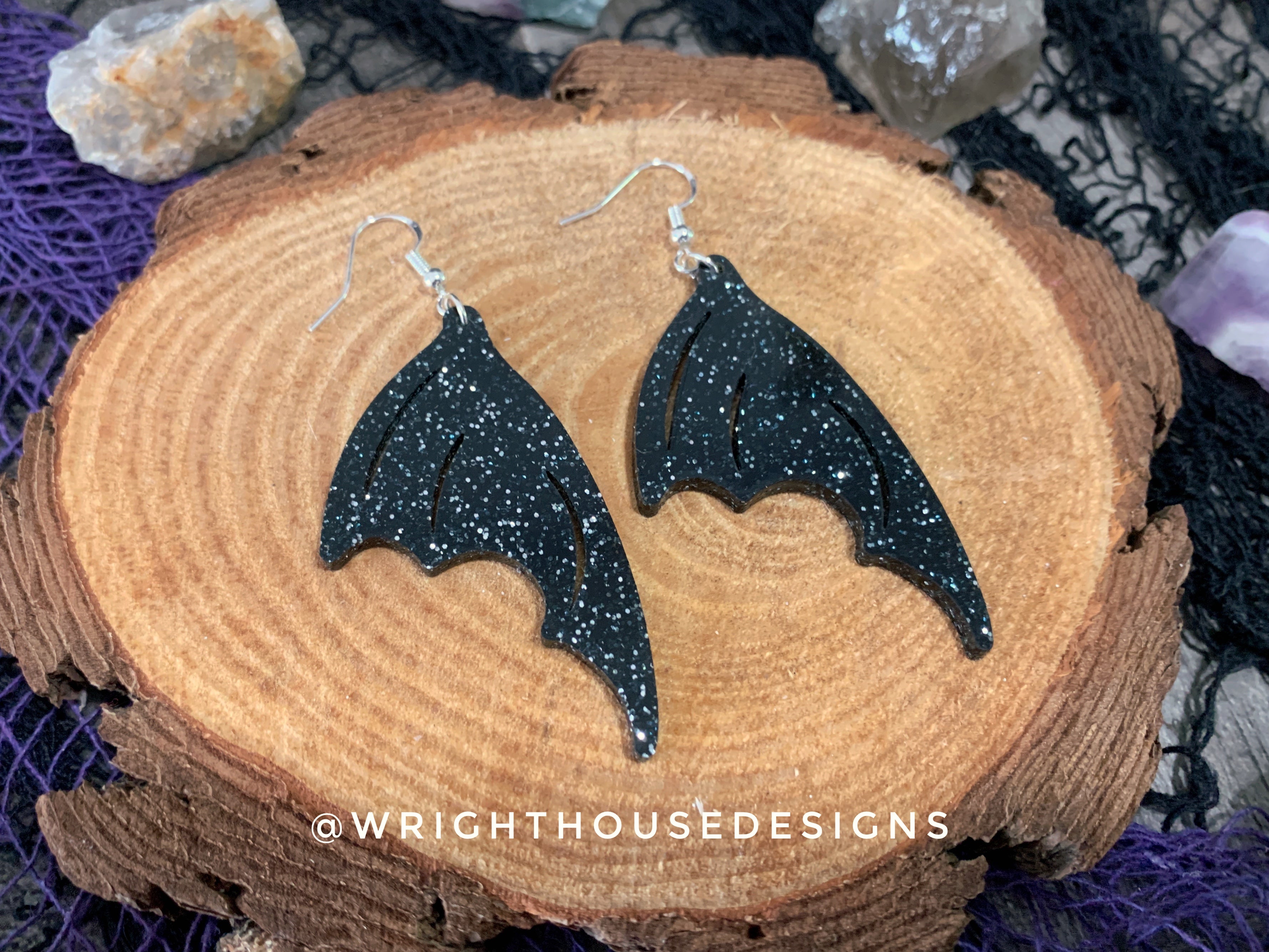Witchy Glitter Bat Wings - Cut Halloween Earrings - Glitter Black Acrylic Handmade Jewelry