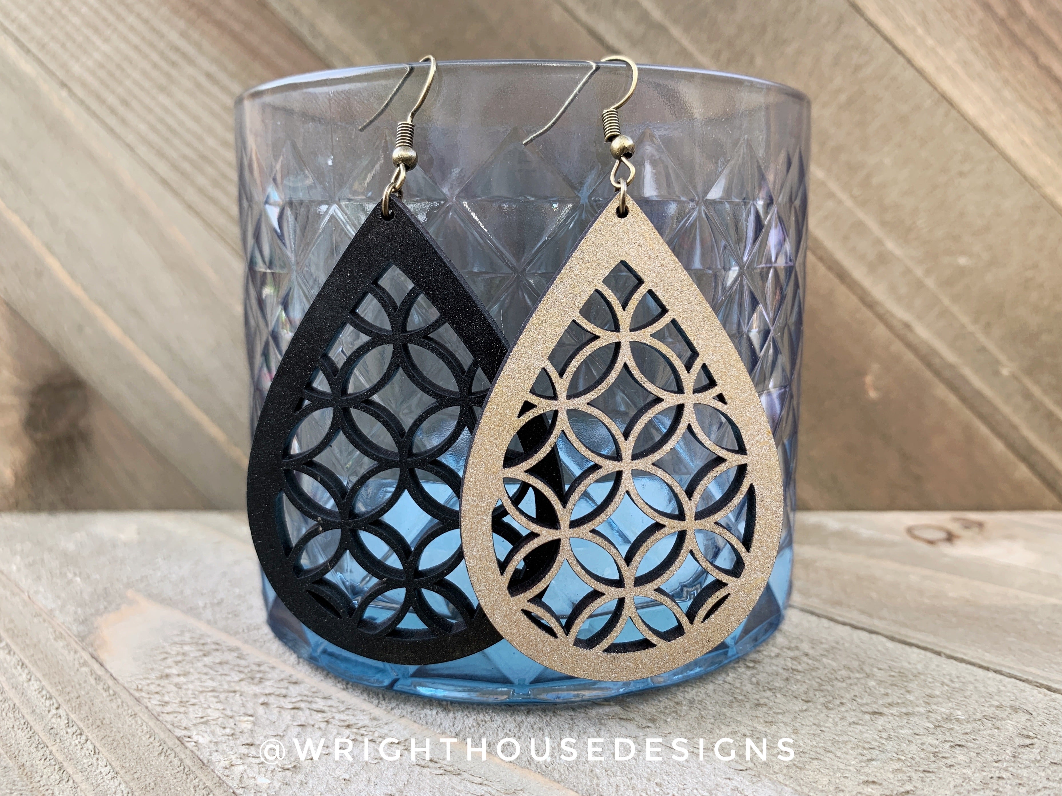 Gold and Black - Geometric Circle Pattern - Painted Wooden Earrings