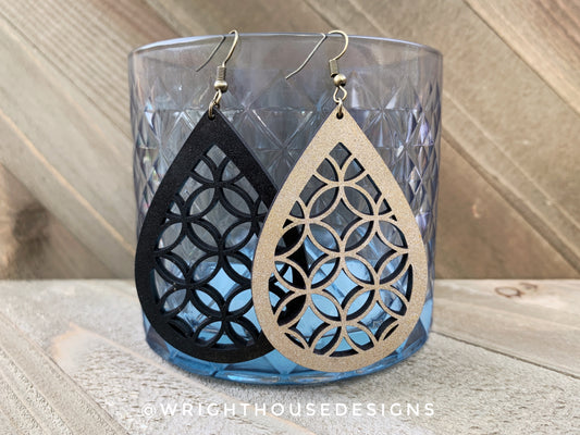 Gold and Black - Geometric Circle Pattern - Painted Wooden Earrings