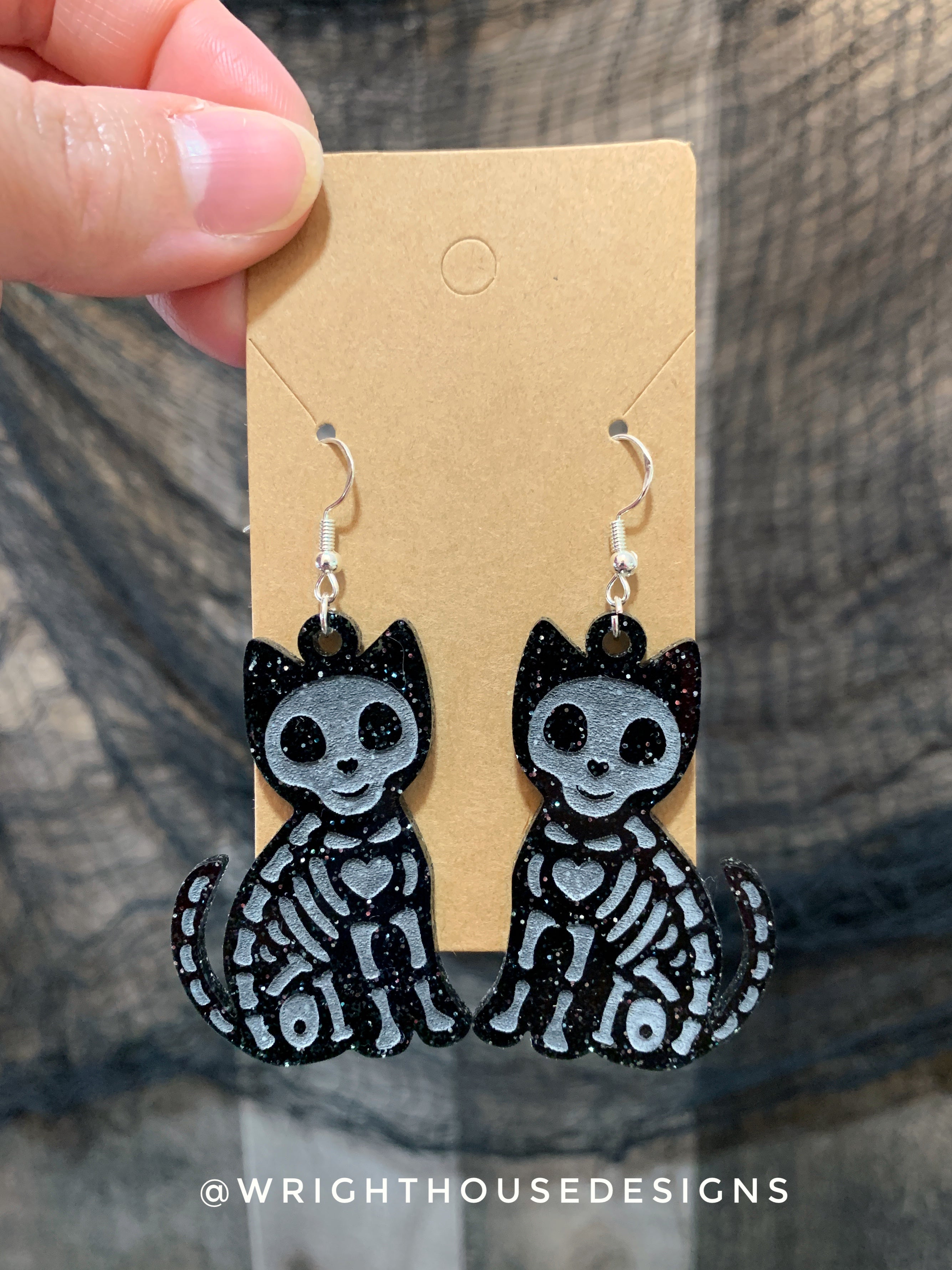 Skeleton Black Cats - Halloween Earrings - Glitter Black Acrylic Handmade Jewelry