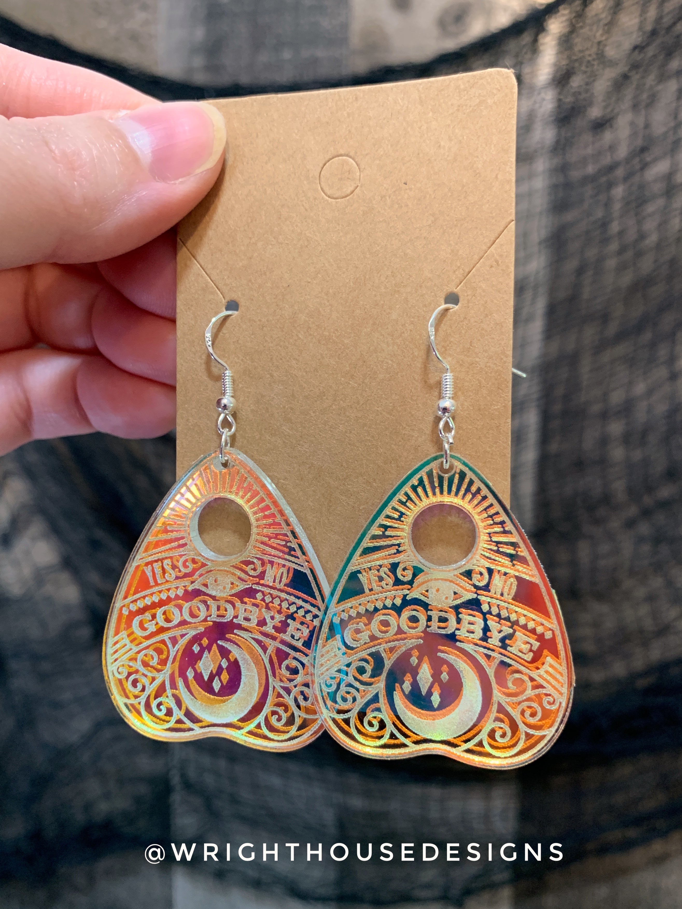 Oiji Board Planchette - Witchy Earrings - Engraved Iridescent Acrylic Handmade Jewelry