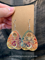 Load image into Gallery viewer, Oiji Board Planchette - Witchy Earrings - Engraved Iridescent Acrylic Handmade Jewelry
