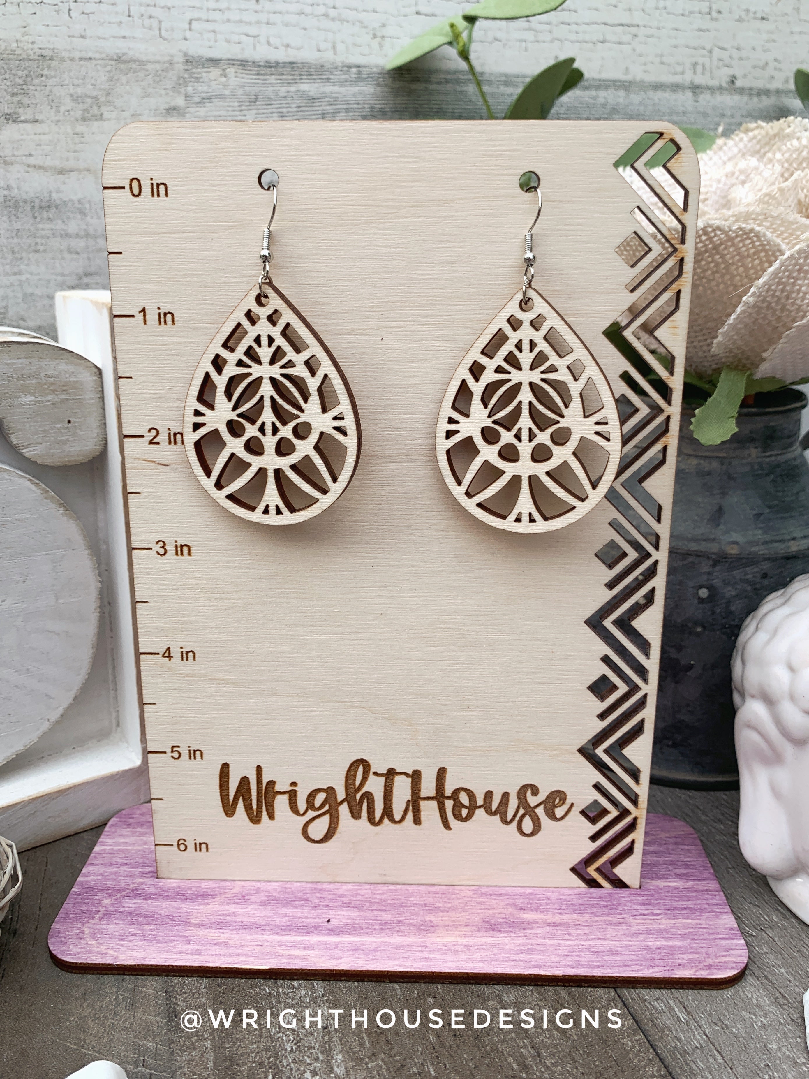 Geometric Teardrop Earrings - Style 6 - Select A Stain - Rustic Birch Wooden Handmade Jewelry
