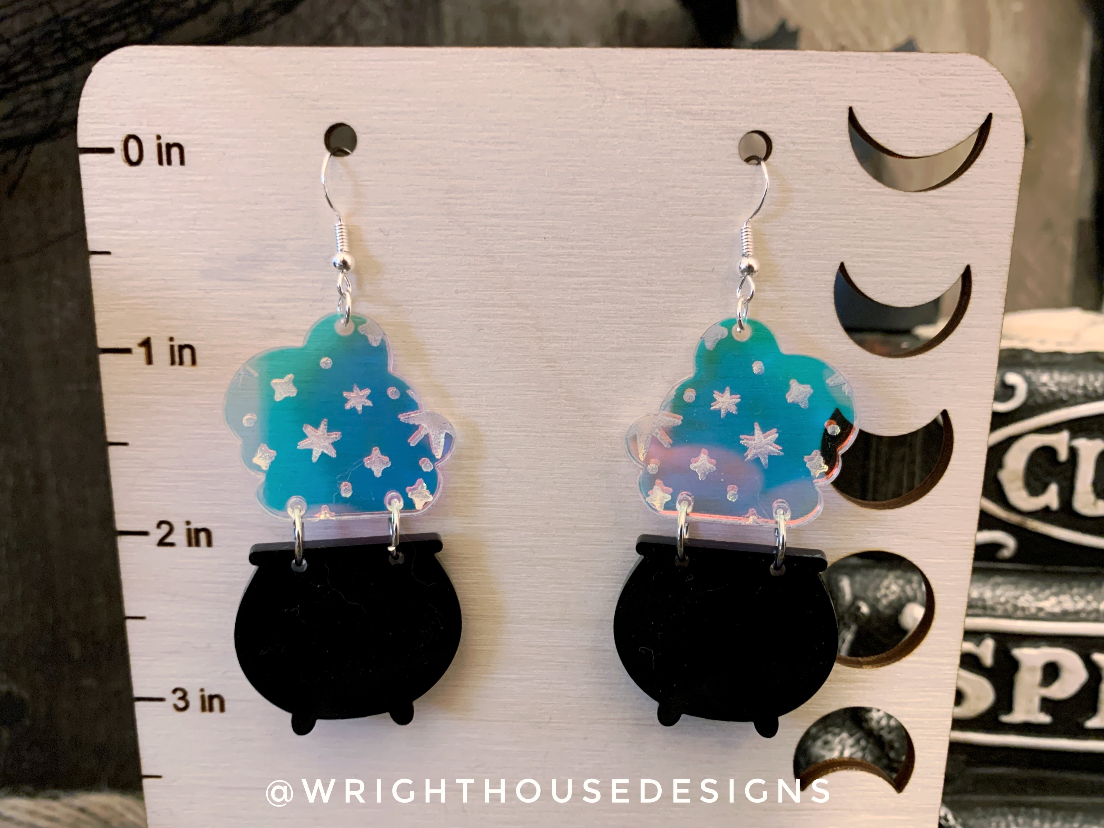Bubbling Cauldron One - Witchy Halloween Earrings - Engraved Iridescent Acrylic Handmade Jewelry
