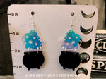 Load image into Gallery viewer, Bubbling Cauldron One - Witchy Halloween Earrings - Engraved Iridescent Acrylic Handmade Jewelry
