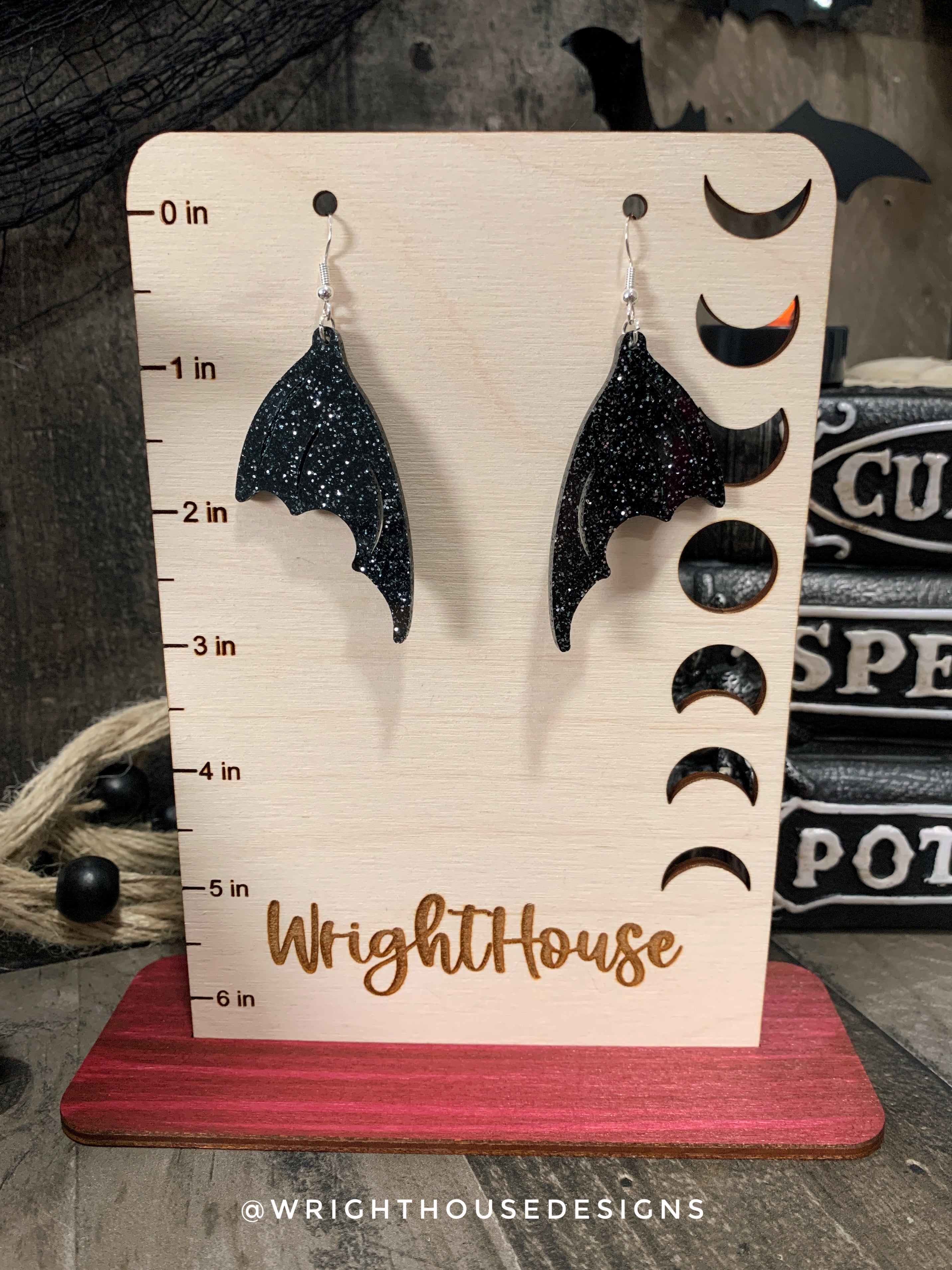 Witchy Glitter Bat Wings - Cut Halloween Earrings - Glitter Black Acrylic Handmade Jewelry