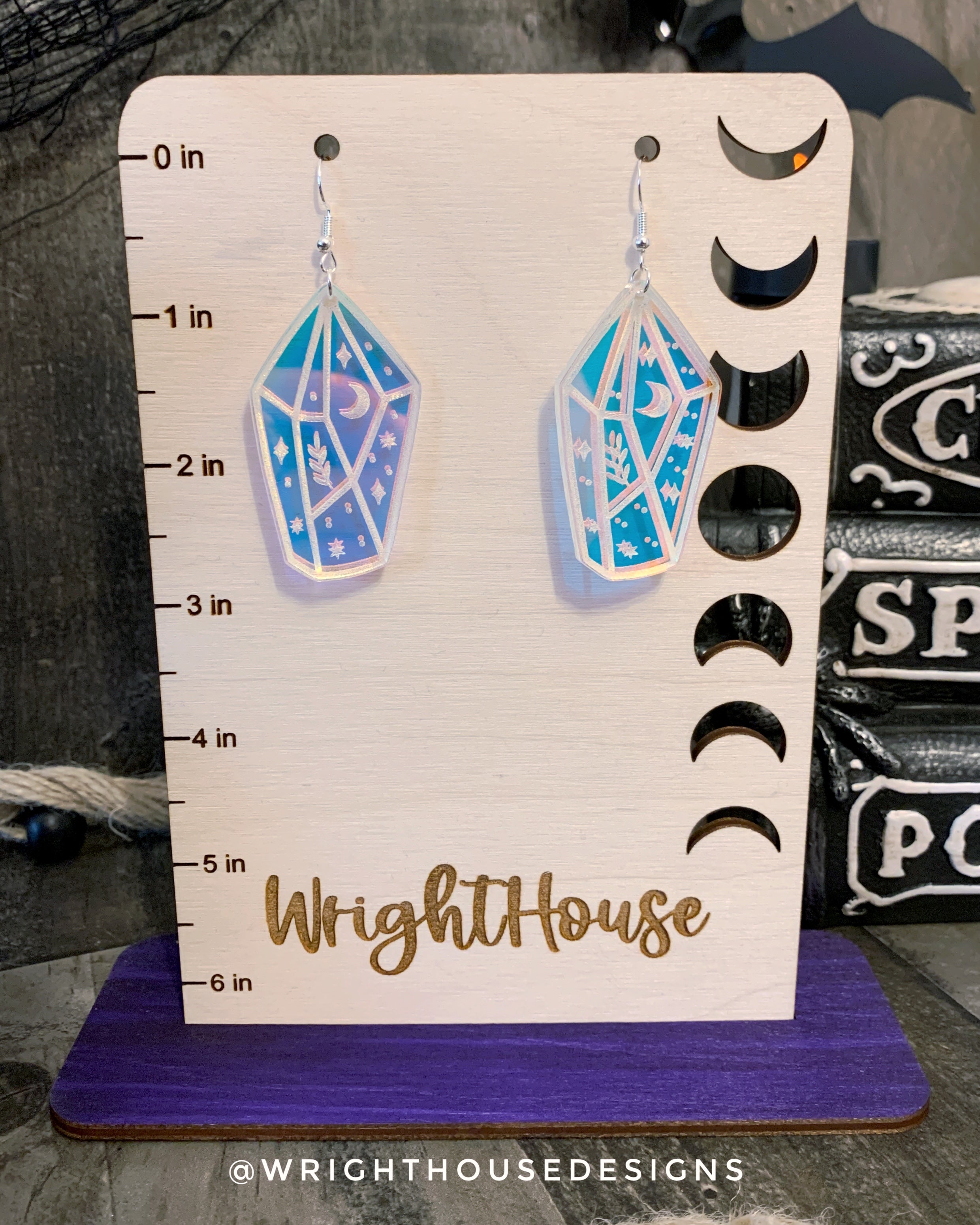 Celestial Crystals Style One - Witchy Earrings - Engraved Iridescent Acrylic Handmade Jewelry
