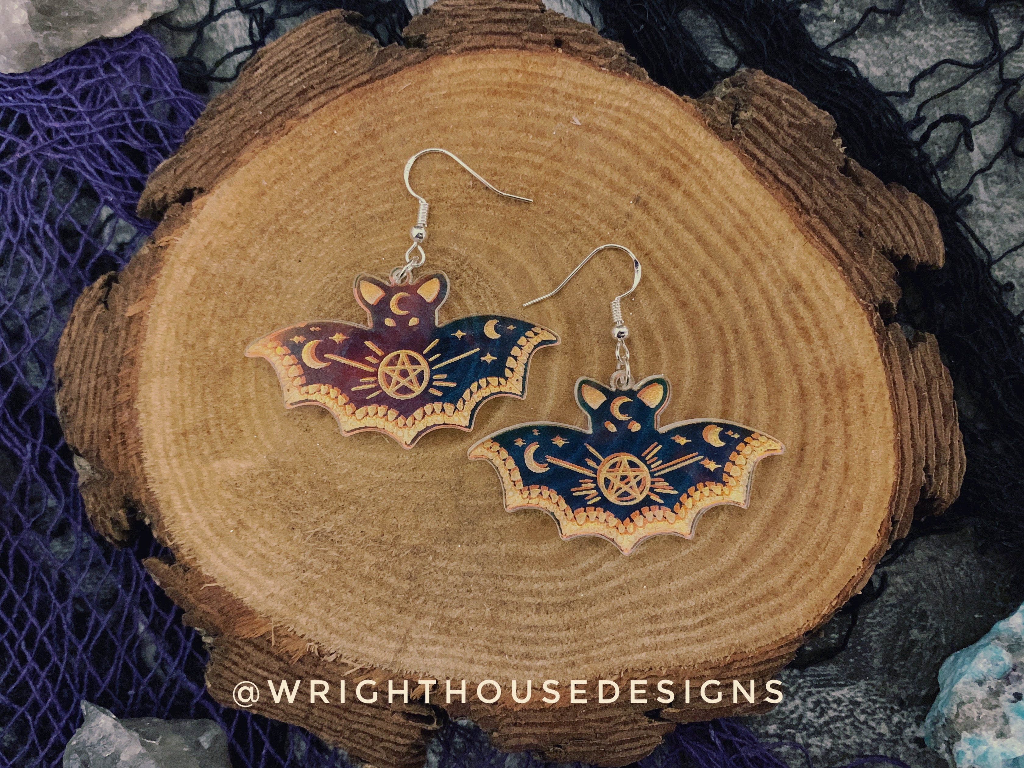 Engraved Celestial Bats - Halloween Earrings - Iridescent Acrylic Handmade Jewelry