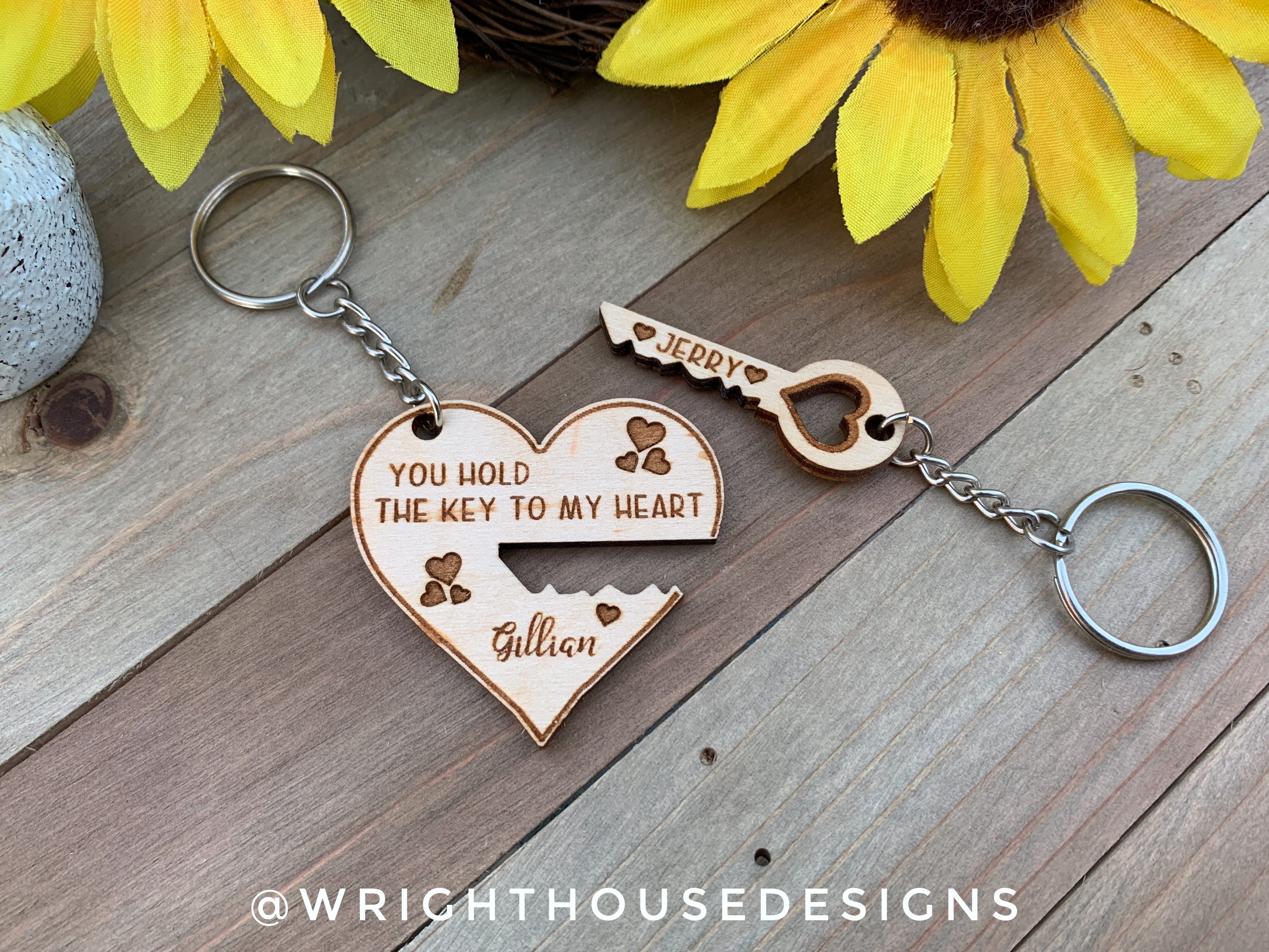 Personalized Valentine's Heart & Key Duo Wooden Keychains