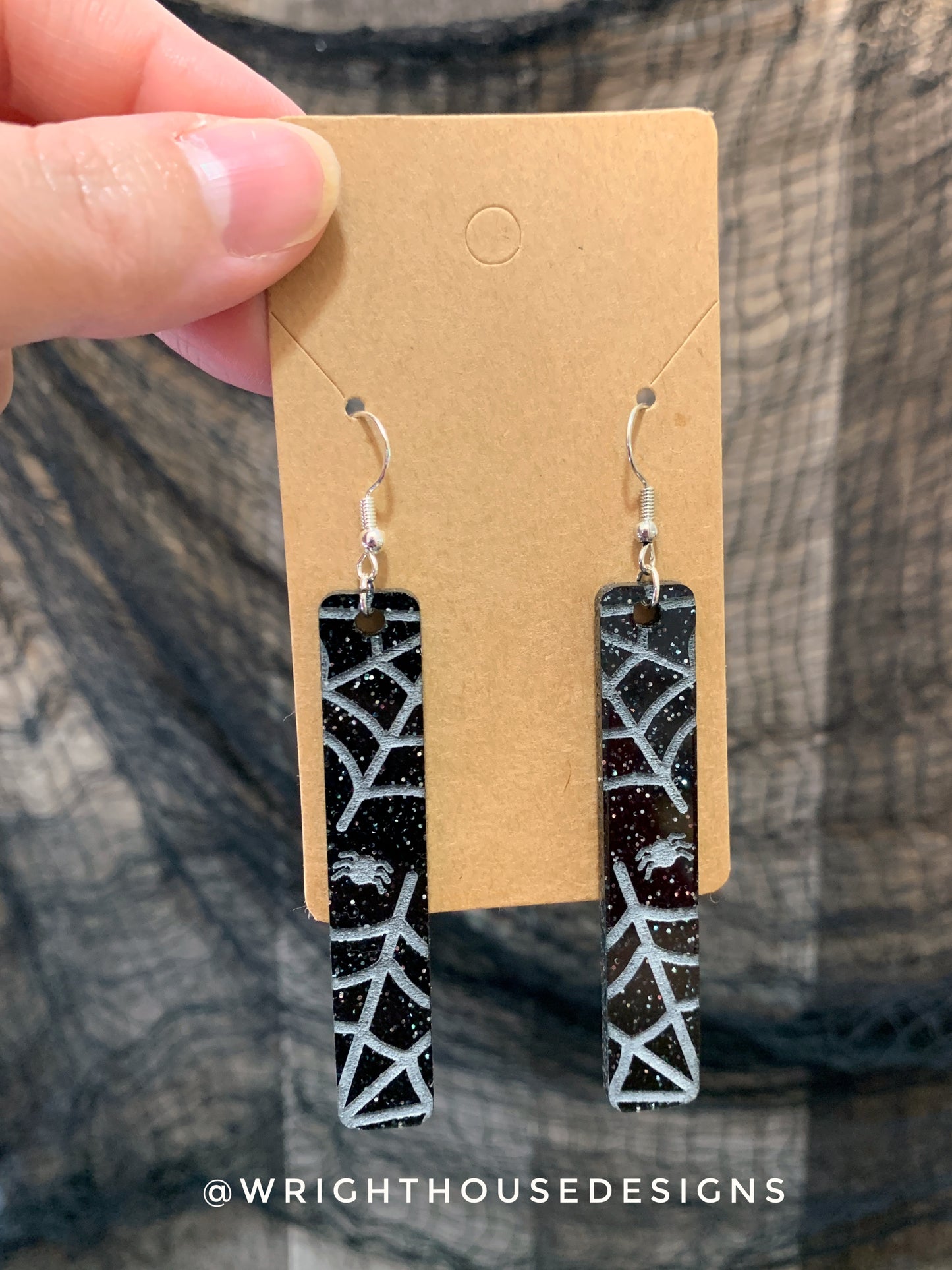 Spiderweb - Halloween Drop Earrings - Engraved Glitter Black Acrylic - Handmade Jewelry