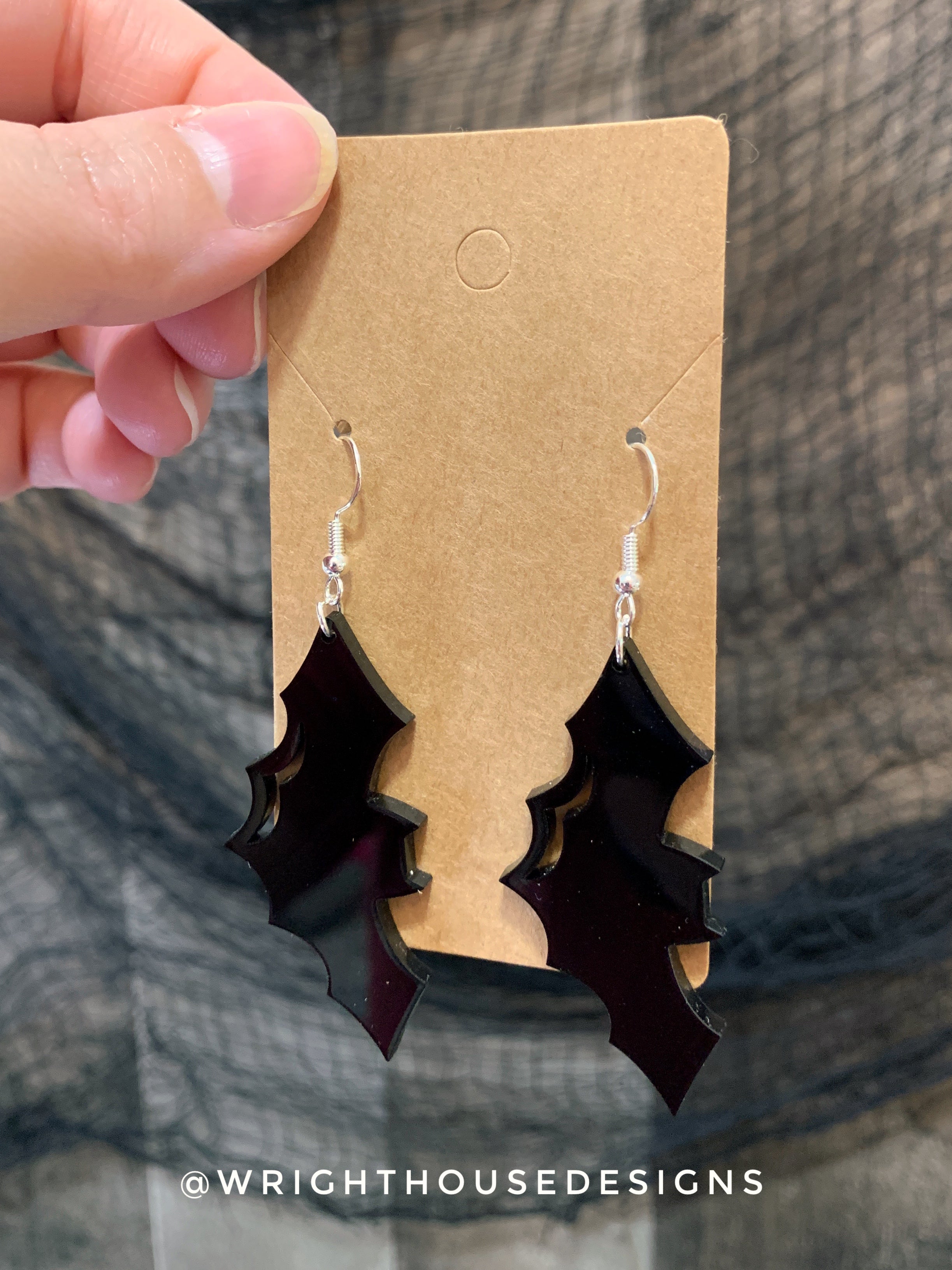 Witchy Gloss Black Bats - Cut Halloween Earrings - Gloss Black Acrylic Handmade Jewelry