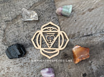 Load image into Gallery viewer, Chakra Symbols - Laser Cut Crystal Grids - Wooden Coasters - Coffee and Tea - Meditation Guide
