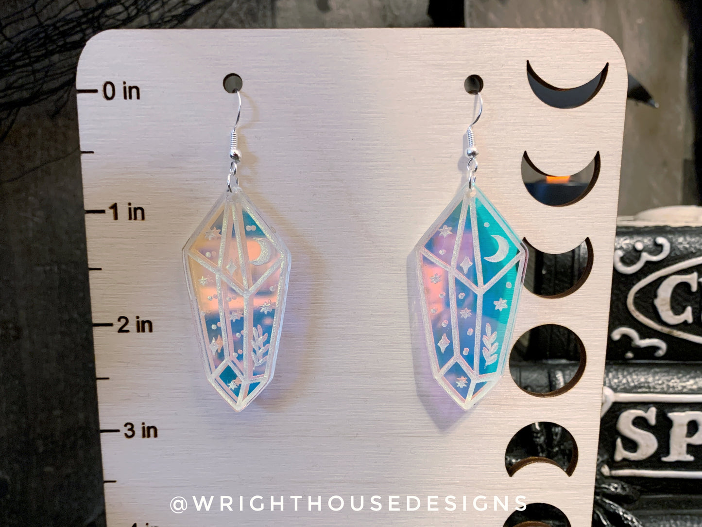 Celestial Crystals Two - Witchy Earrings - Engraved Iridescent Acrylic Handmade Jewelry