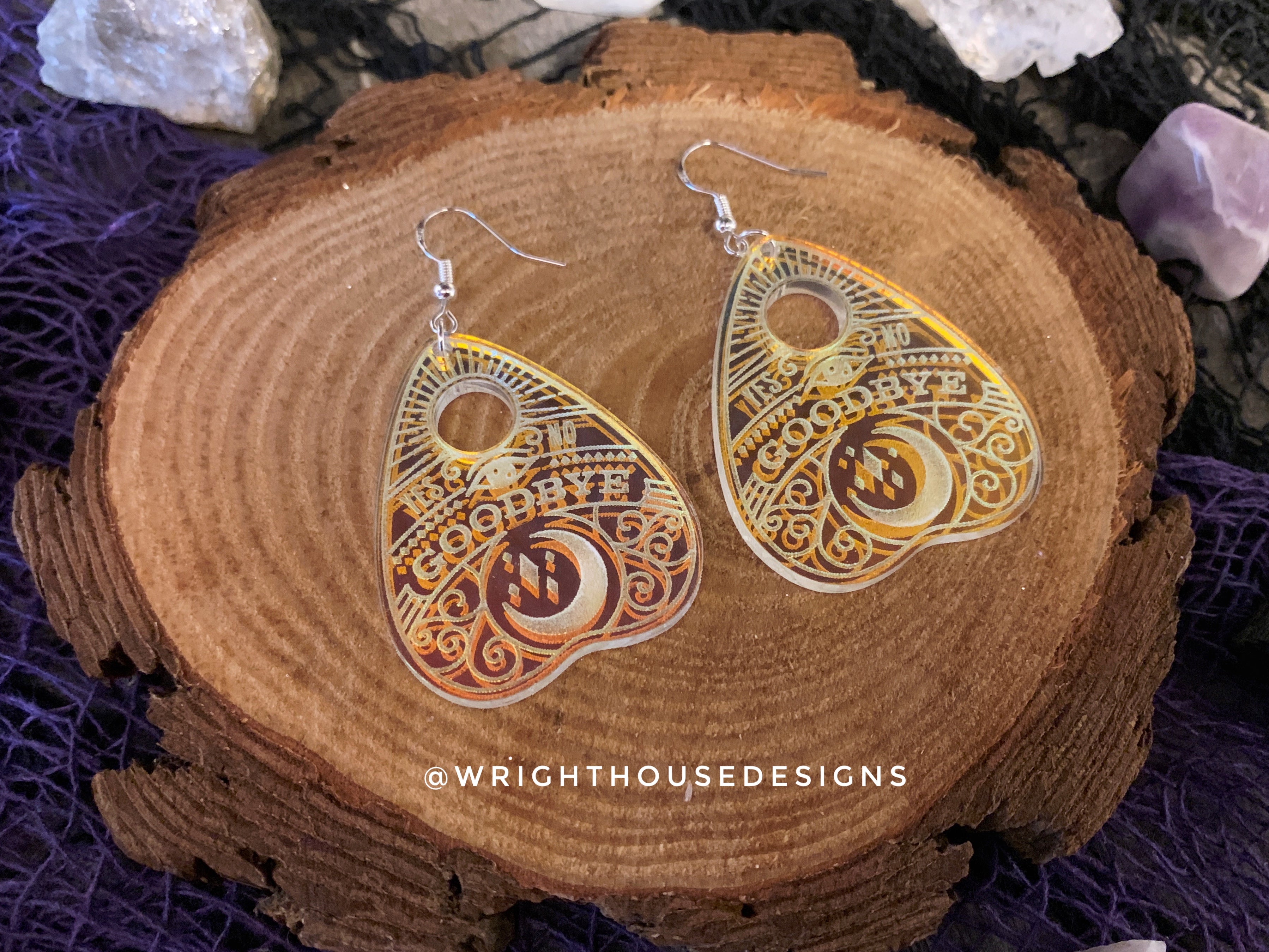 Oiji Board Planchette - Witchy Earrings - Engraved Iridescent Acrylic Handmade Jewelry