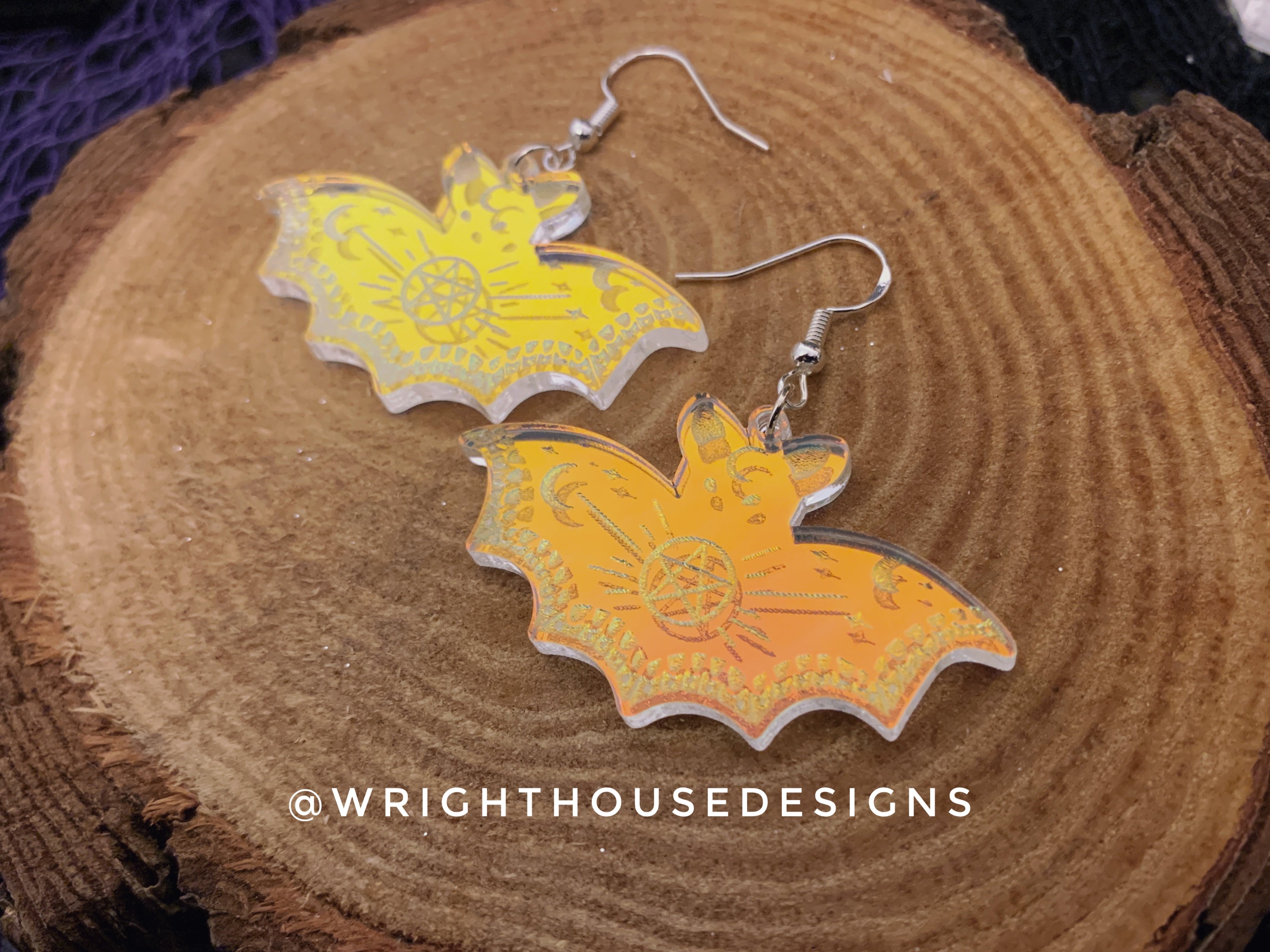 Engraved Celestial Bats - Halloween Earrings - Iridescent Acrylic Handmade Jewelry
