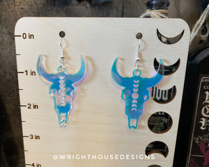 Gothic Style Cow Skulls - Witchy Halloween Earrings - Iridescent Acrylic Handmade Jewelry