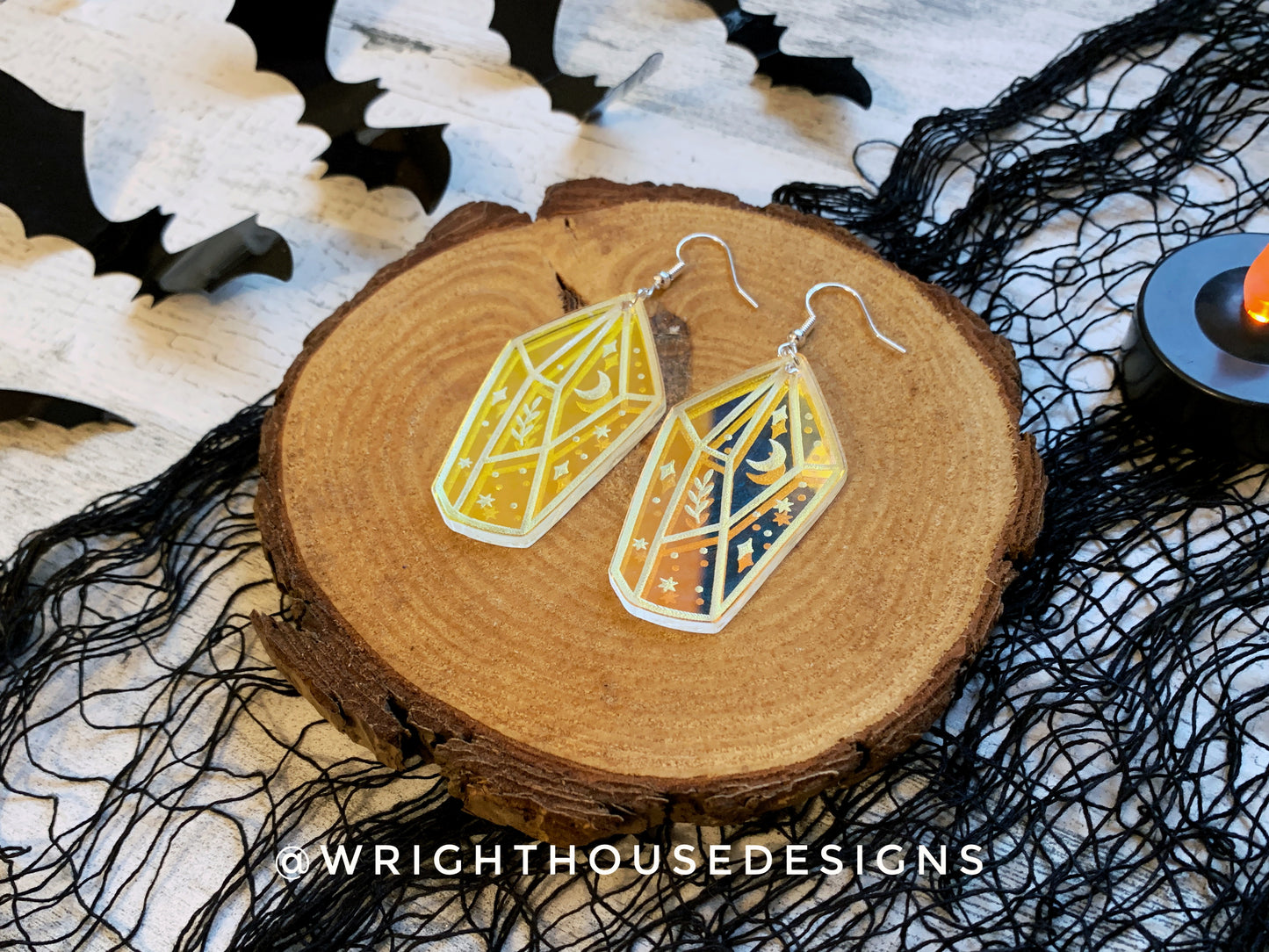 Celestial Crystals Style One - Witchy Earrings - Engraved Iridescent Acrylic Handmade Jewelry