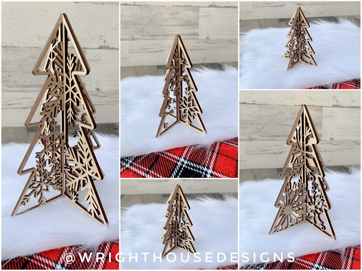 Wooden 3D Snowflake Pattern Christmas Trees - Laser Cut Interlocking Holiday Decor - Fireplace Mantle - Shelf Sitter