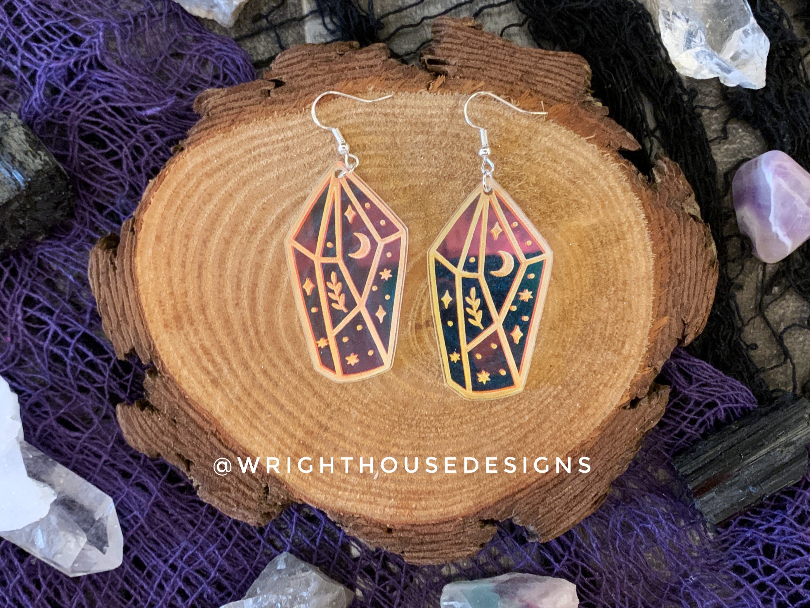 Celestial Crystals Style One - Witchy Earrings - Engraved Iridescent Acrylic Handmade Jewelry