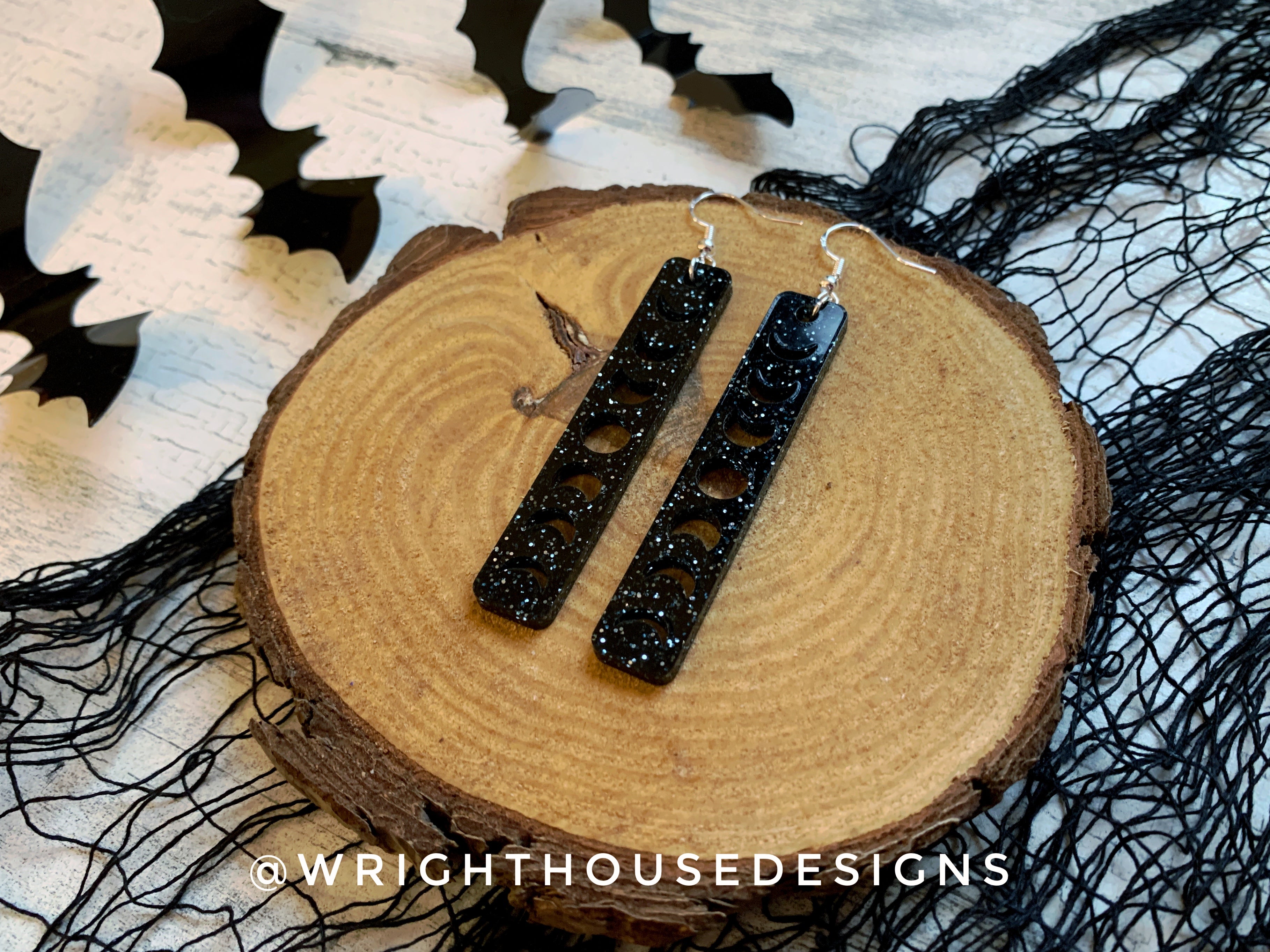 Cut Out Moon Phase - Celestial Earrings - Black Glitter Acrylic Handmade Jewelry