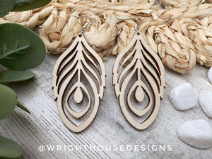 Peacock Feather Dangle Earrings - Style 7 - Rustic Birch Wooden Handmade Jewelry