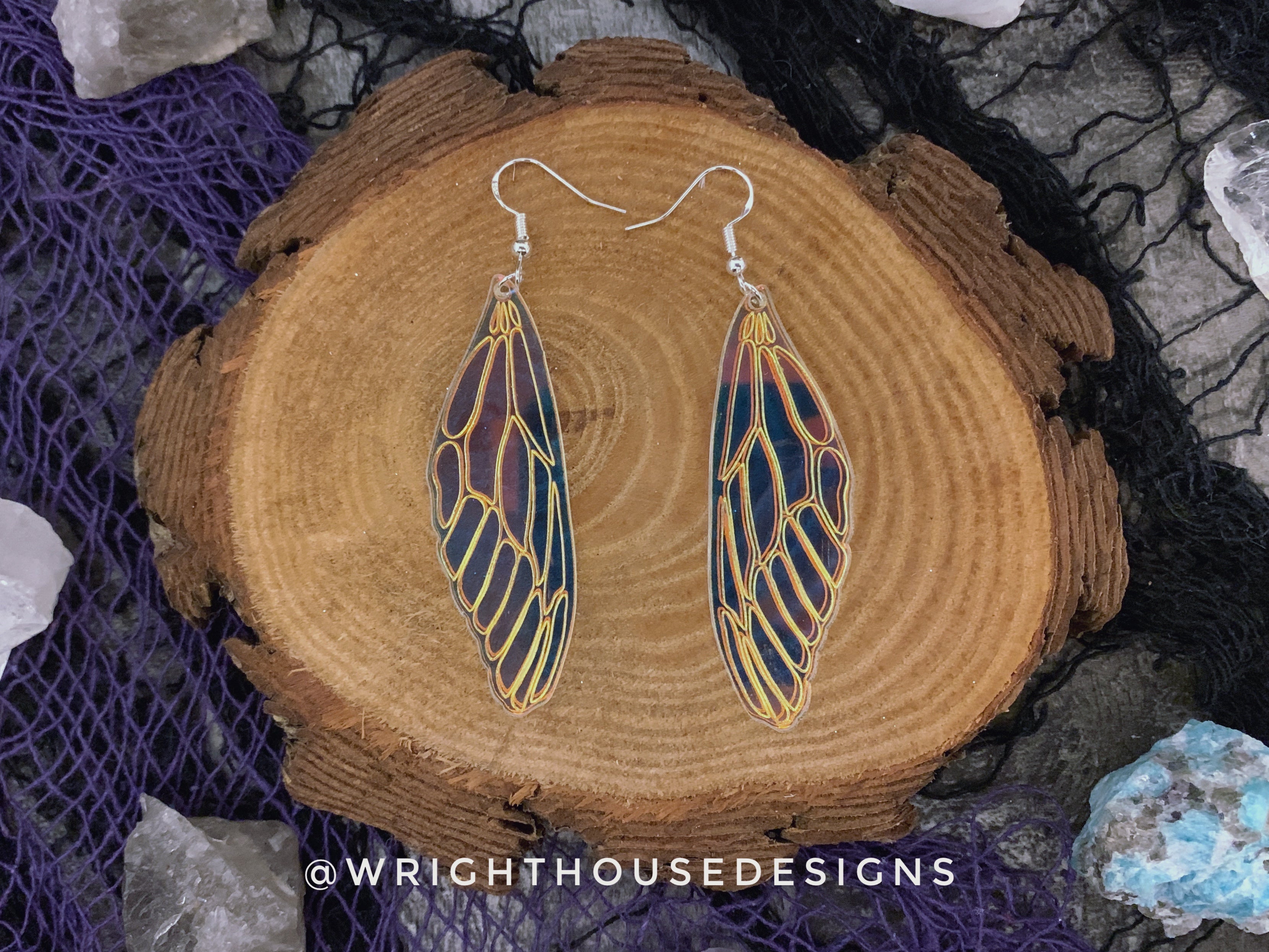 Dragonfly Wings - Witchy Earrings - Engraved Iridescent  Acrylic Handmade Jewelry