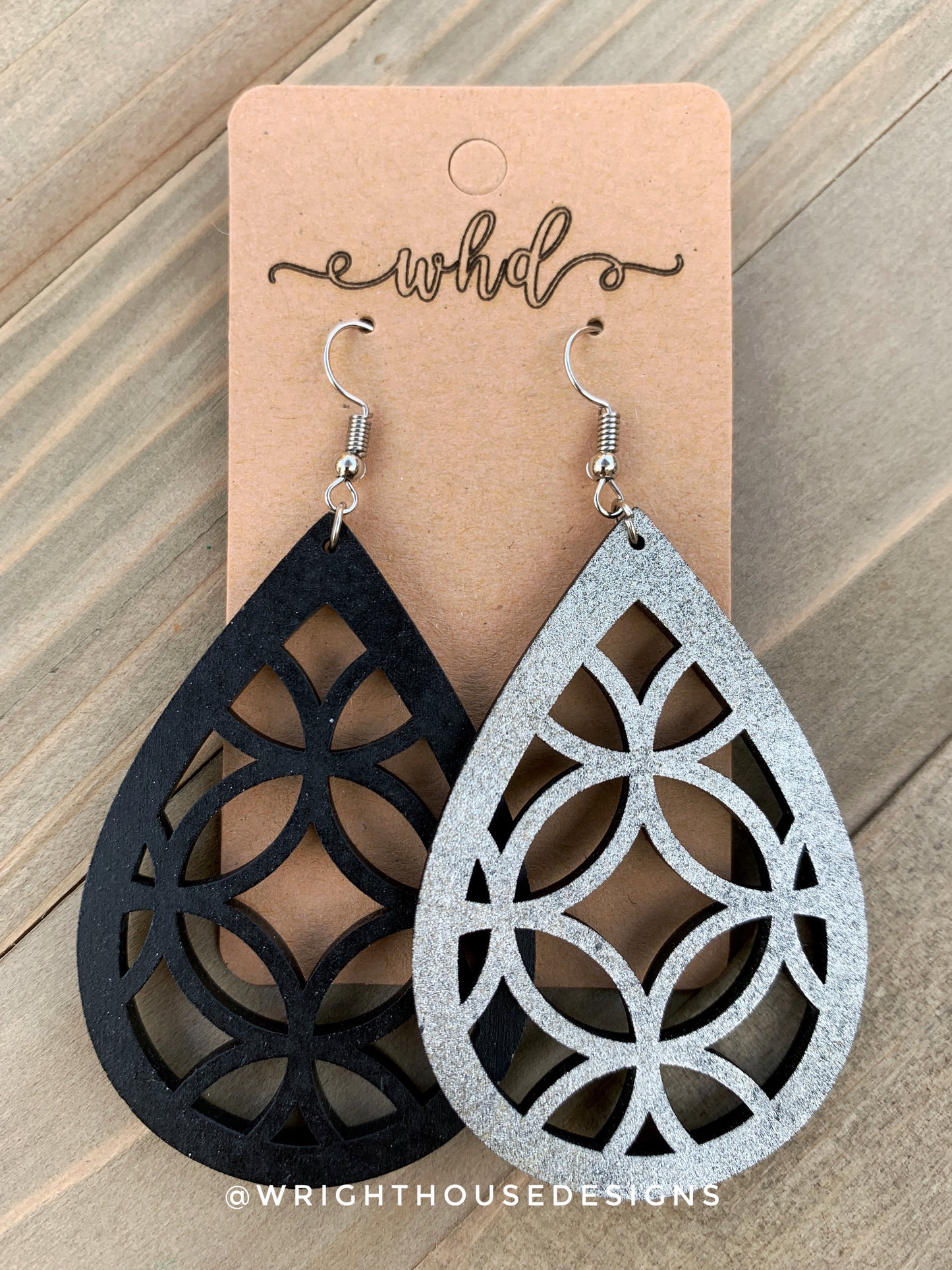 Silver and Black Circles - Geometric Pattern - Painted Wooden Earrings