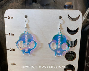 Gothic Style Cat Skulls - Witchy Halloween Earrings - Iridescent Acrylic Handmade Jewelry