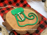 Load image into Gallery viewer, Personalized Elf Stocking - Monogram Name Initial - Wooden Christmas Tree Ornament - Gift Bag Tag - Handmade - Winter Decor - Holiday Gift
