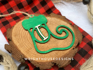 Personalized Elf Stocking - Monogram Name Initial - Wooden Christmas Tree Ornament - Gift Bag Tag - Handmade - Winter Decor - Holiday Gift