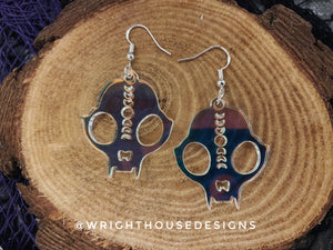 Gothic Style Cat Skulls - Witchy Halloween Earrings - Iridescent Acrylic Handmade Jewelry