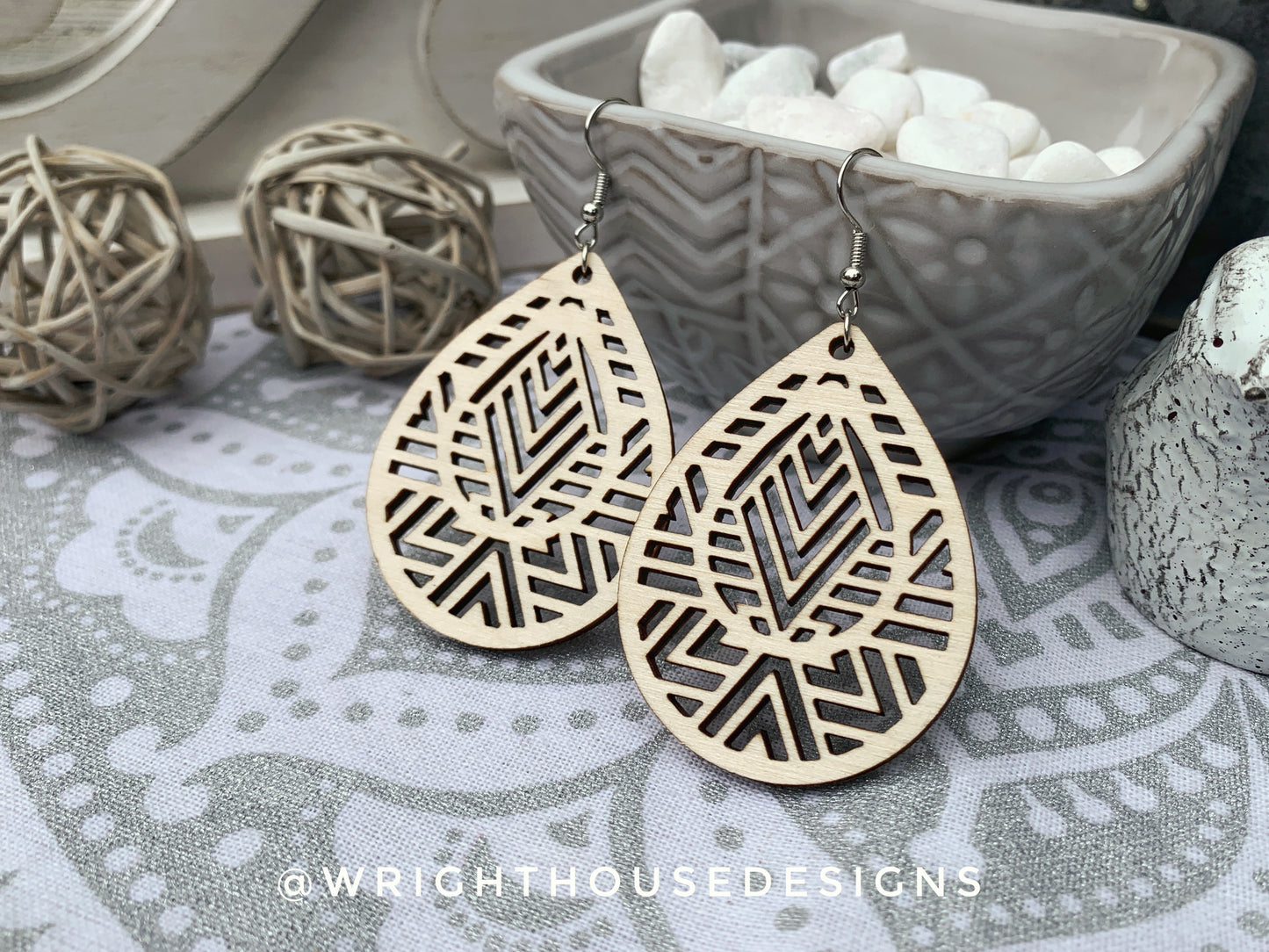 Geometric Teardrop Earrings - Style 7 - Select A Stain - Rustic Birch Wooden Handmade Jewelry