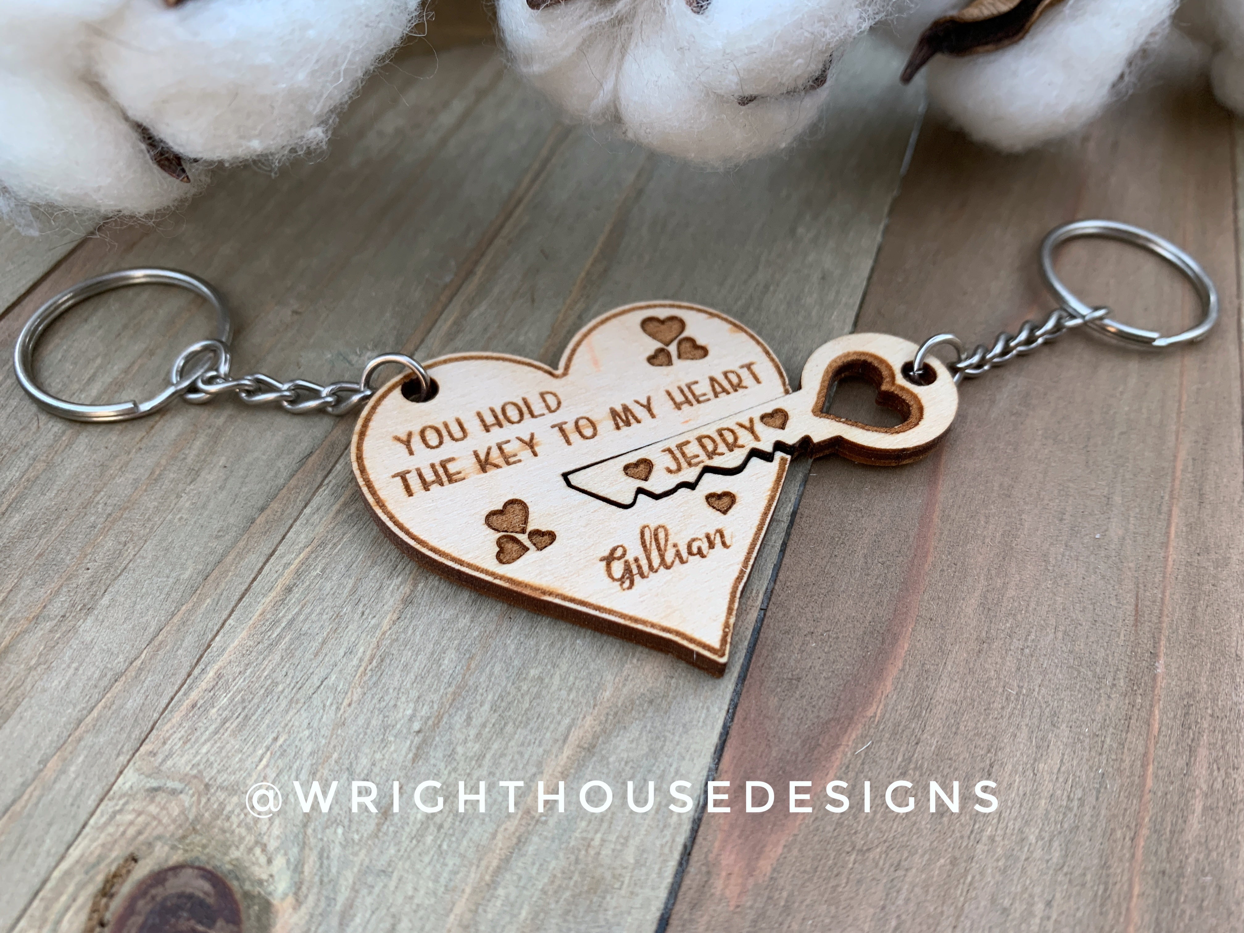 Personalized Valentine's Heart & Key Duo Wooden Keychains