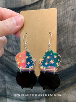 Load image into Gallery viewer, Bubbling Cauldron One - Witchy Halloween Earrings - Engraved Iridescent Acrylic Handmade Jewelry
