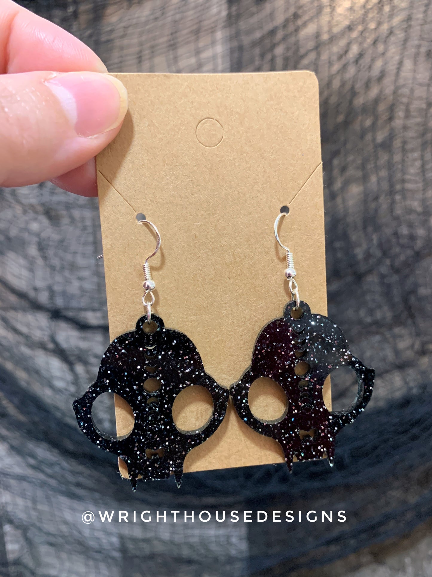 Gothic Style Cat Skulls - Witchy Halloween Earrings - Glitter Black Acrylic Handmade Jewelry