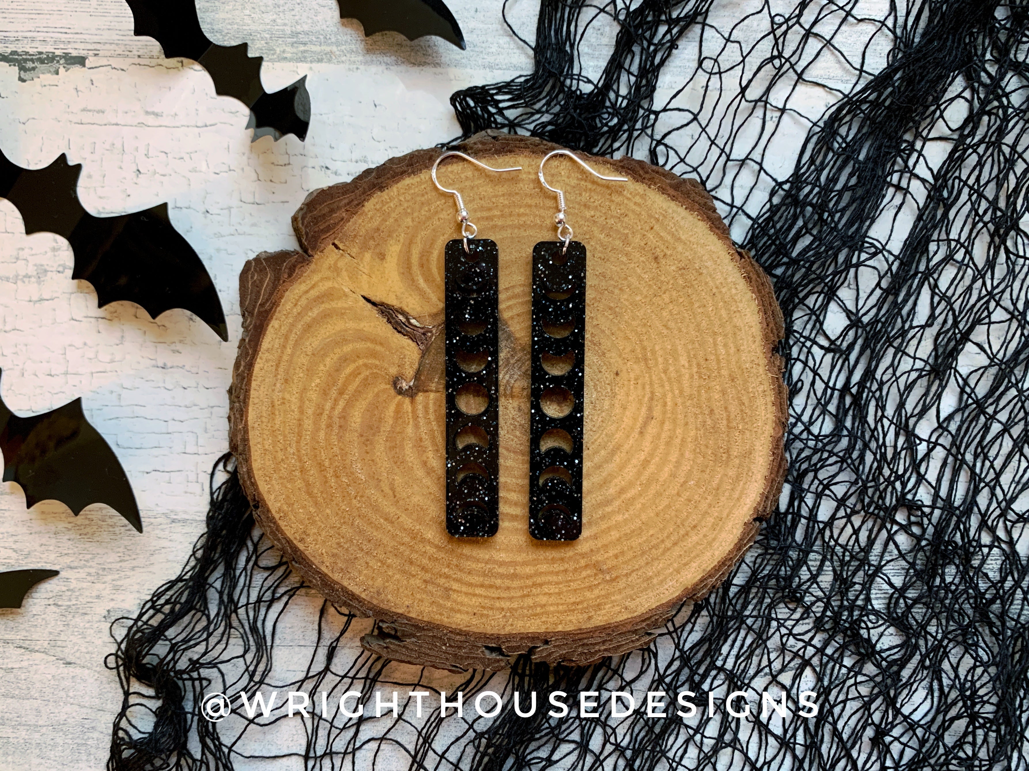 Cut Out Moon Phase - Celestial Earrings - Black Glitter Acrylic Handmade Jewelry
