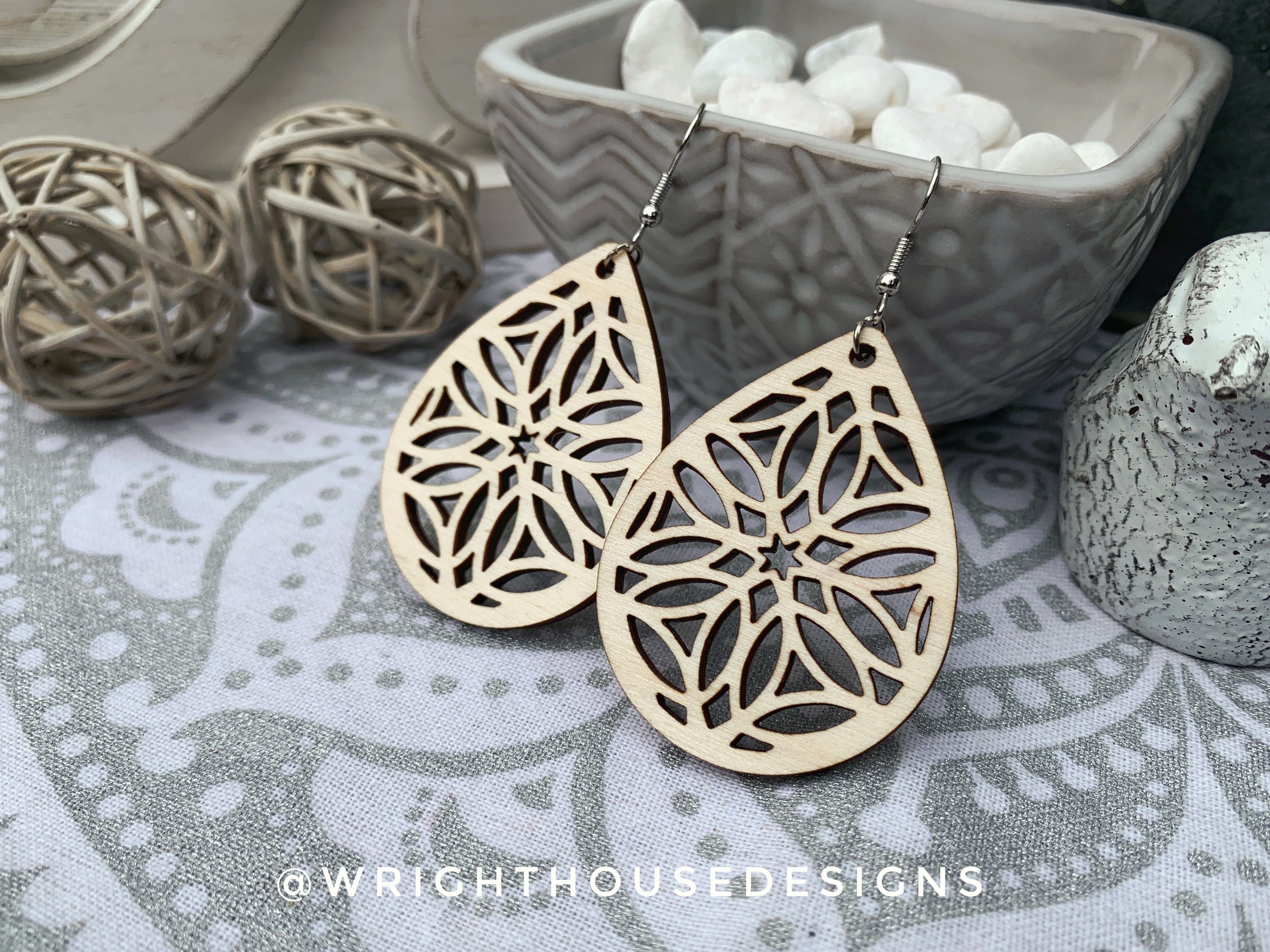 Geometric Teardrop Earrings - Style 10 - Select A Stain - Rustic Birch Wooden Handmade Jewelry