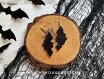 Load image into Gallery viewer, Witchy Glitter Bats - Cut Halloween Earrings - Black Glitter Acrylic Handmade Jewelry
