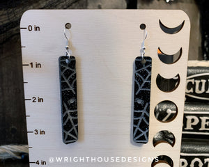 Spiderweb - Halloween Drop Earrings - Engraved Glitter Black Acrylic - Handmade Jewelry