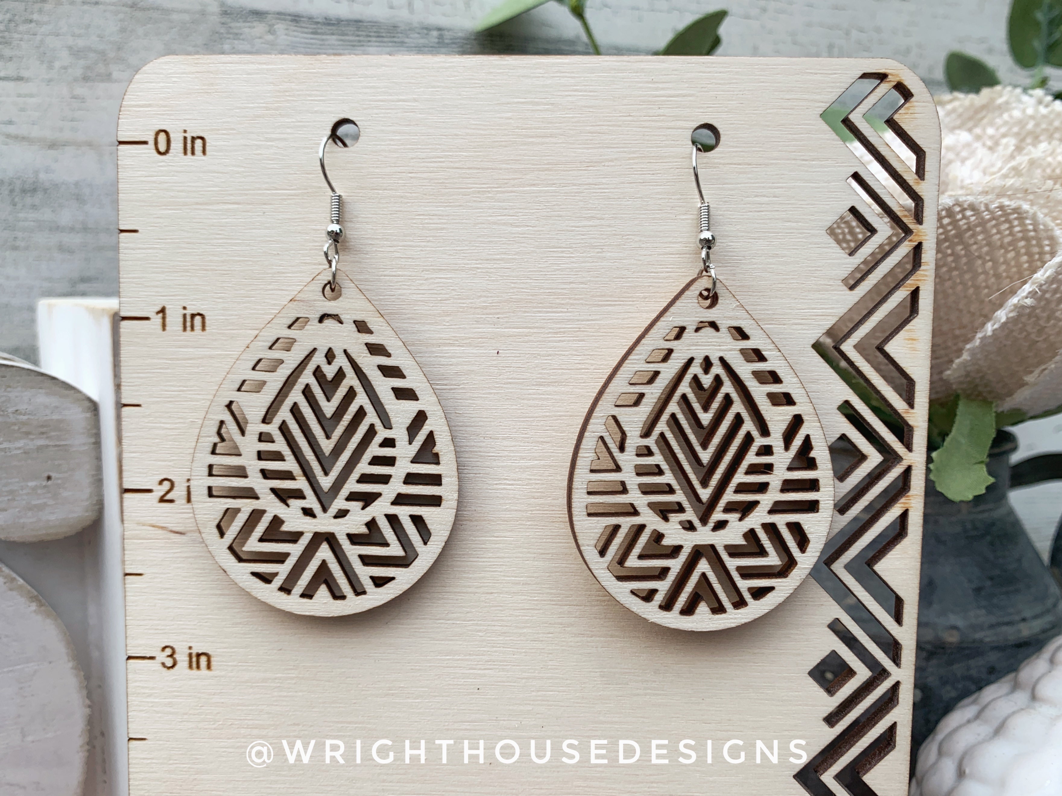 Geometric Teardrop Earrings - Style 7 - Select A Stain - Rustic Birch Wooden Handmade Jewelry