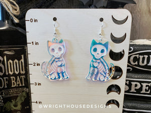Skeleton Black Cats - Halloween Earrings - Rainbow Iridescent Acrylic Handmade Jewelry