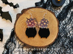 Load image into Gallery viewer, Bubbling Cauldron One - Witchy Halloween Earrings - Engraved Iridescent Acrylic Handmade Jewelry

