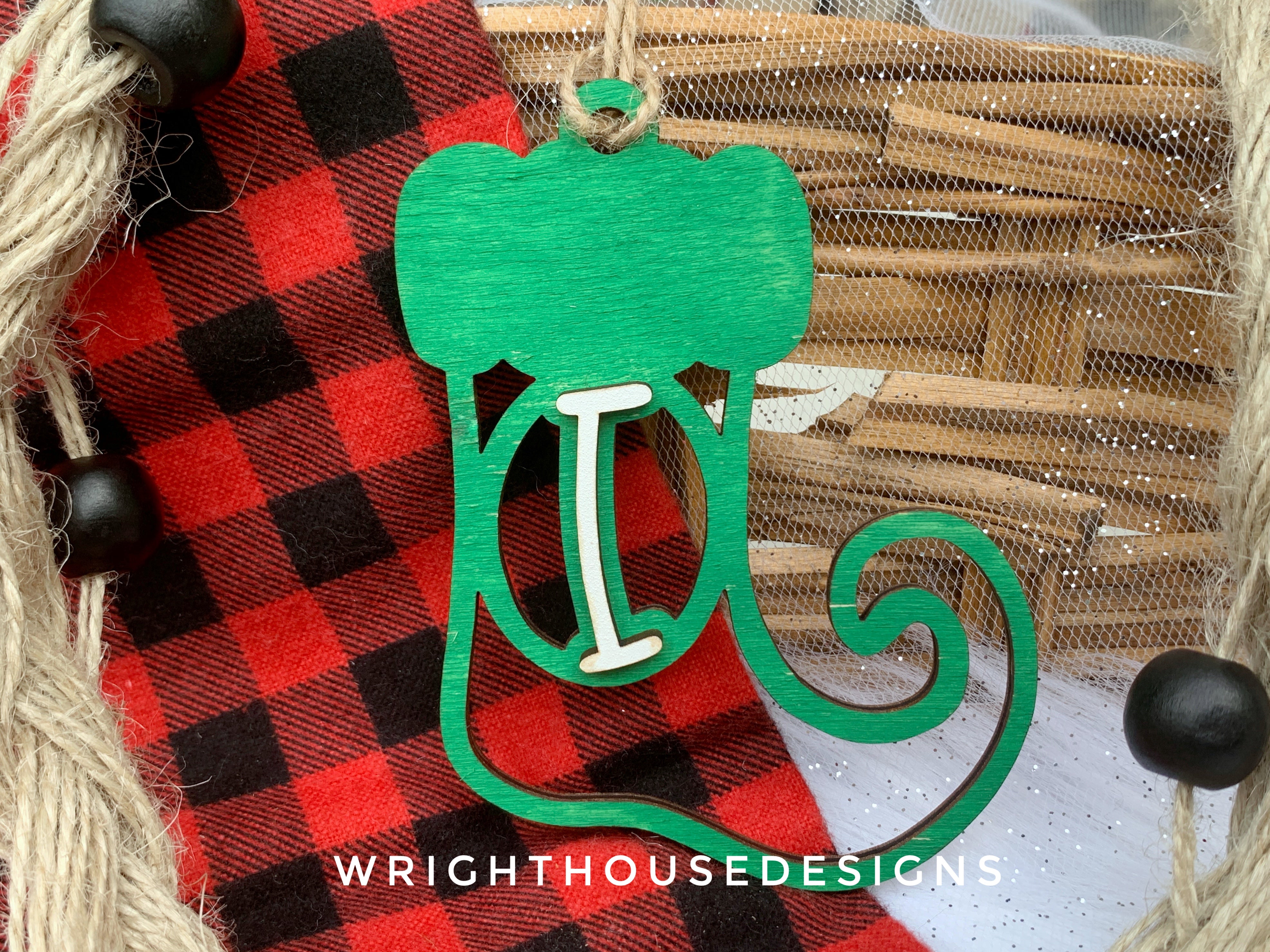 Personalized Elf Stocking - Monogram Name Initial - Wooden Christmas Tree Ornament - Gift Bag Tag - Handmade - Winter Decor - Holiday Gift