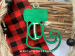 Load image into Gallery viewer, Personalized Elf Stocking - Monogram Name Initial - Wooden Christmas Tree Ornament - Gift Bag Tag - Handmade - Winter Decor - Holiday Gift
