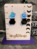 Load image into Gallery viewer, Bubbling Cauldron Two - Witchy Halloween Earrings - Engraved Iridescent Acrylic Handmade Jewelry
