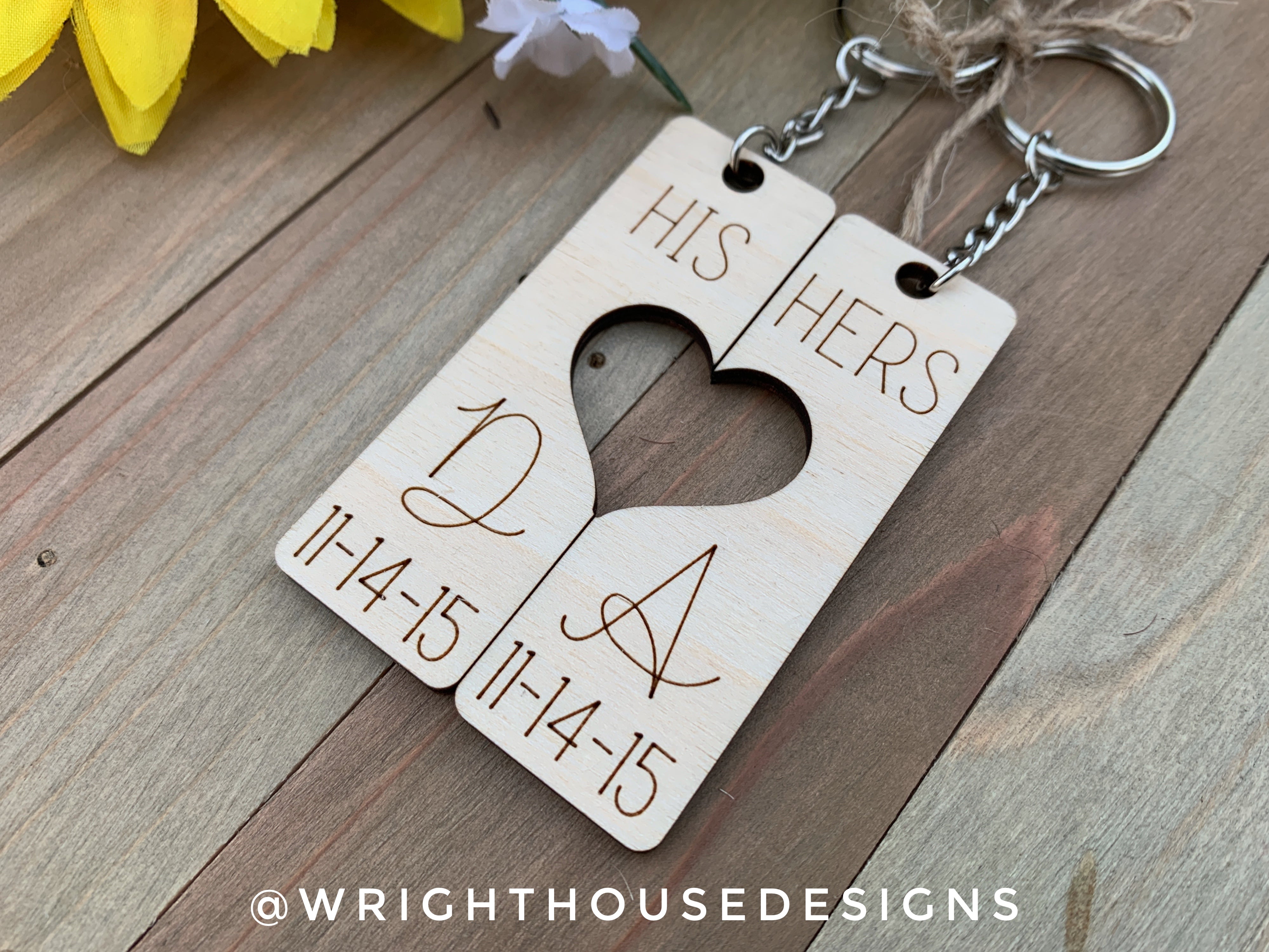 His and Hers - Couples Cursive Initial Interlocking Wooden Personalized Keychain