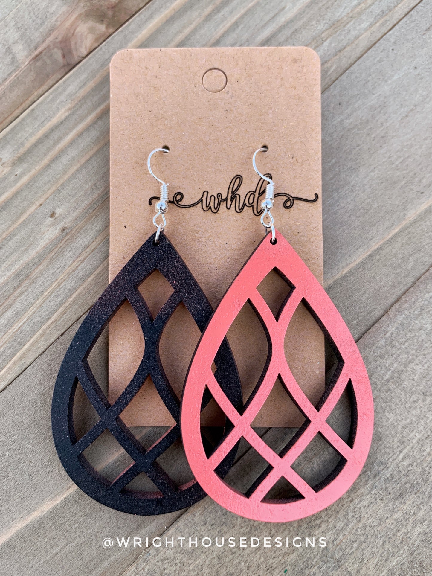 Coral and Black - Geometric Pattern - Painted Wooden Earrings